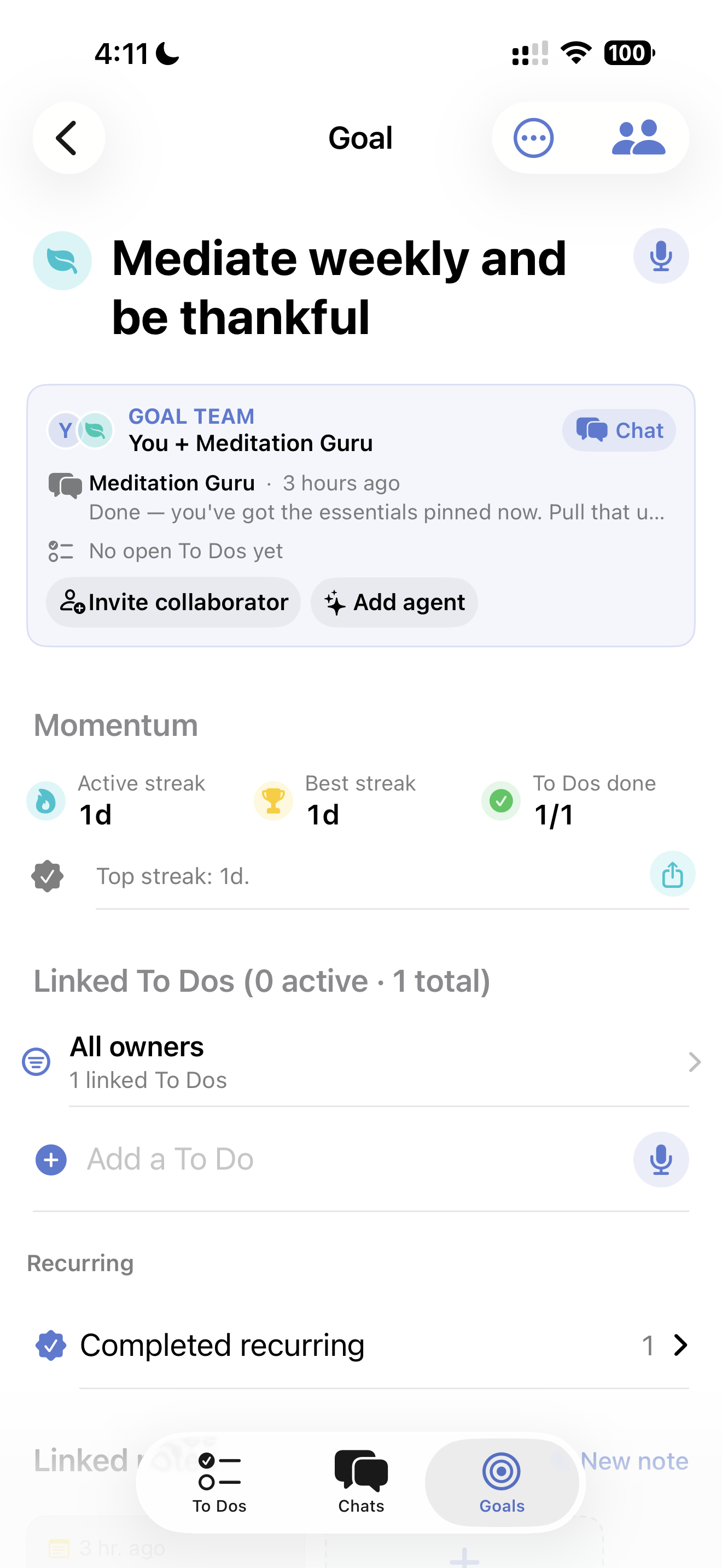 Goal detail with agent team and progress