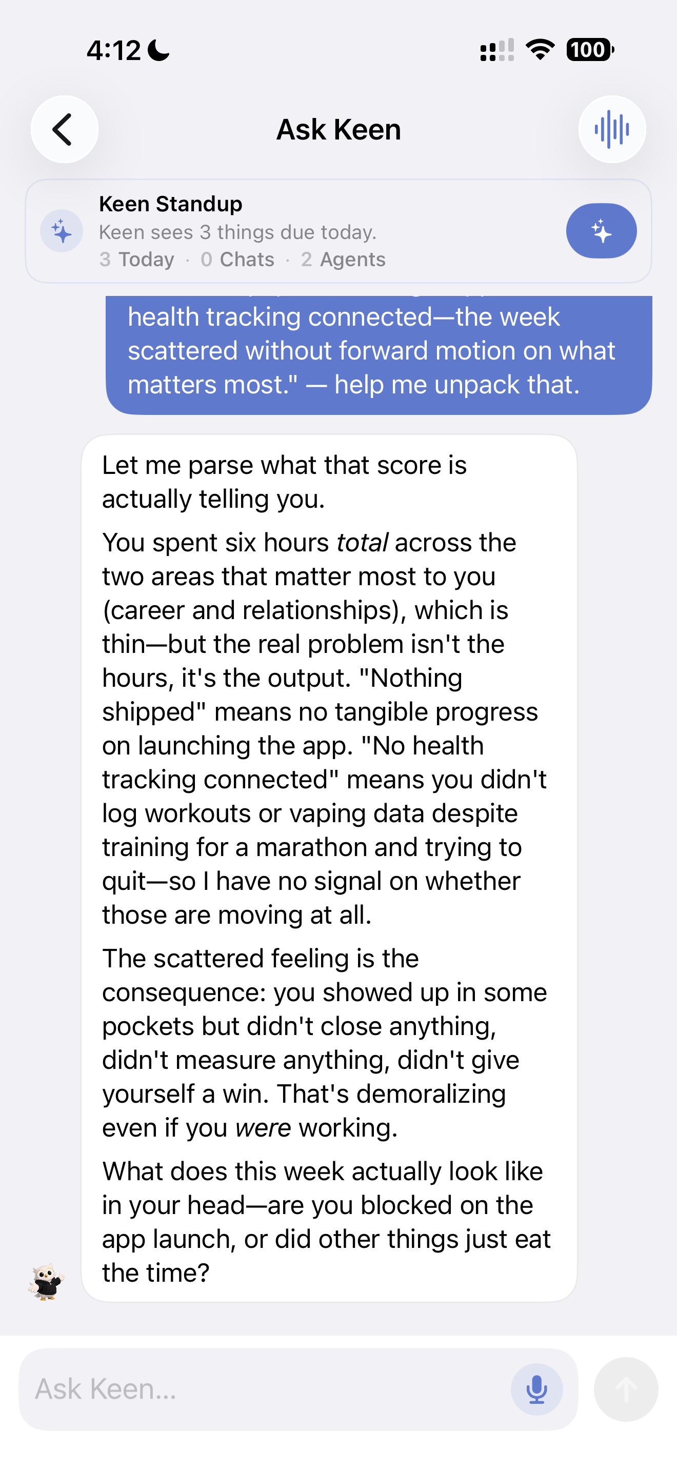 Ask Keen response with weekly guidance